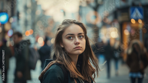 Wallpaper Mural A young woman in a busy city street, lost in thought and surrounded by the hustle and bustle of urban life Torontodigital.ca