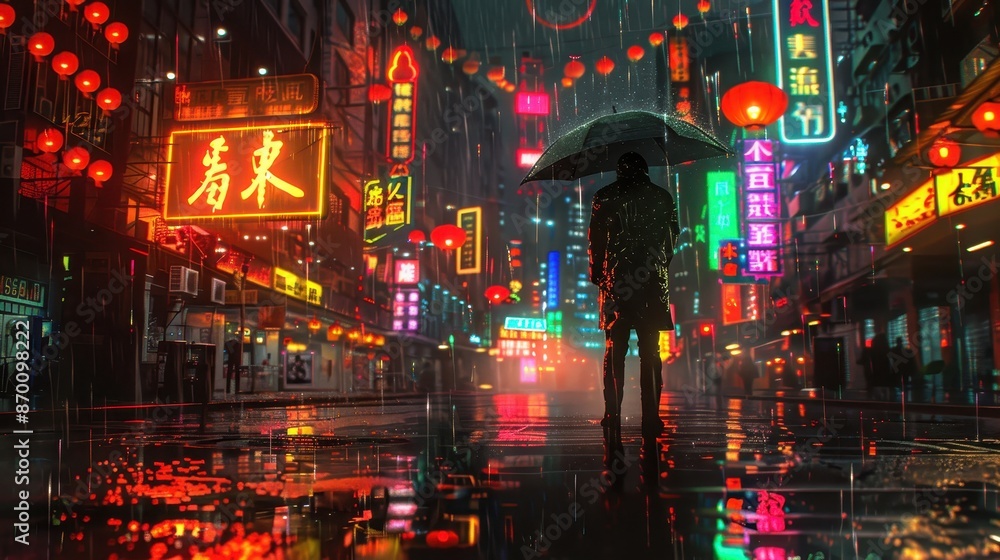 Naklejka premium Rainy Chinatown night scene with neon signs, glistening street, cyberpunk aesthetic, hyper-detailed reflections, single silhouetted figure, illustration background