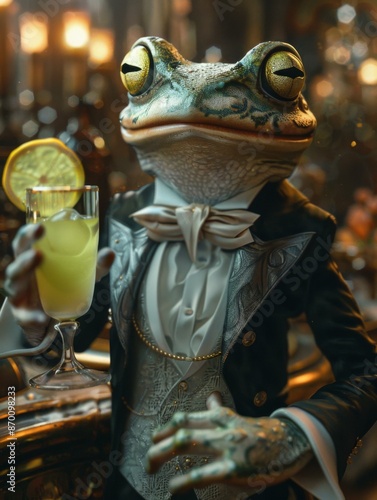 A frog dressed in a tuxedo holding up a glass of lemonade. AI.