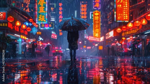 Wallpaper Mural Rainy Chinatown night scene with neon signs, glistening street, cyberpunk aesthetic, hyper-detailed reflections, single silhouetted figure, illustration background Torontodigital.ca
