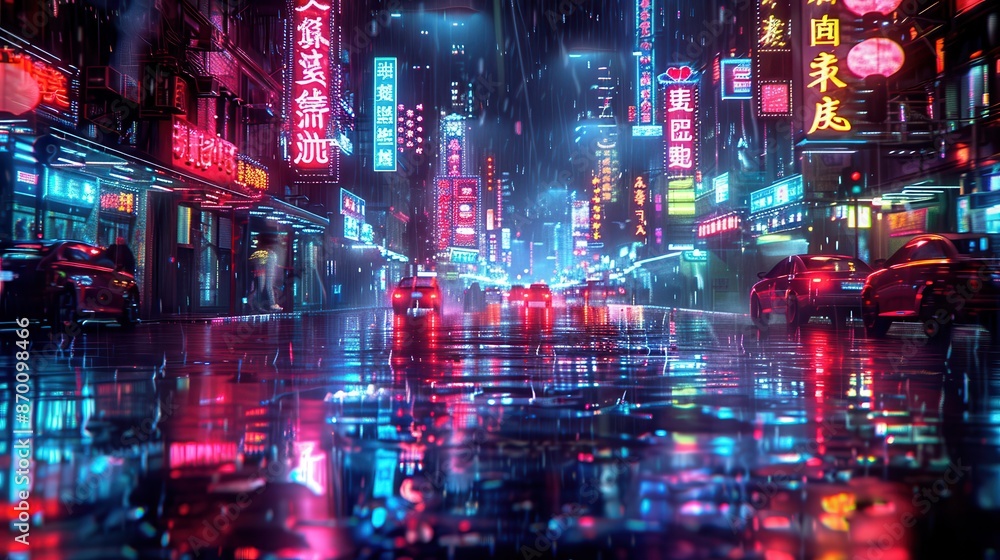 Chinatown street at night, vibrant neon signs in English and Chinese, rain-soaked reflections, gritty cyberpunk atmosphere, illustration background Chinatown street at night, vibrant neon signs in English and Chinese, rain-soaked reflections, gritty cyberpunk atmosphere, illustration background