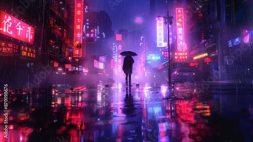 Empty Chinatown street with neon signs, rain-soaked reflections, cyberpunk vibes, single silhouetted figure under streetlight, illustration background