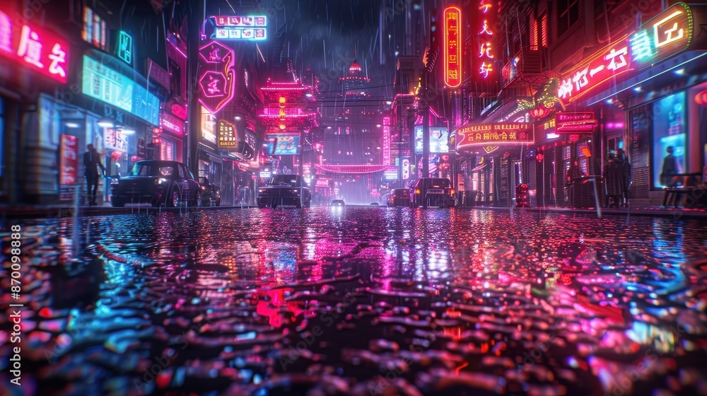 Obraz premium Vibrant neon-lit Chinatown street at night, rain-soaked pavement reflecting lights, gritty urban scene, hyper-detailed reflections, cyberpunk aesthetic, illustration background