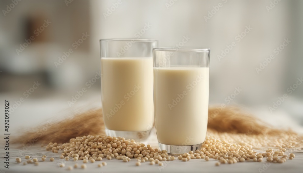 Glass of Soy milk with soybeans in bag Glass of Soy milk with soybeans in bag