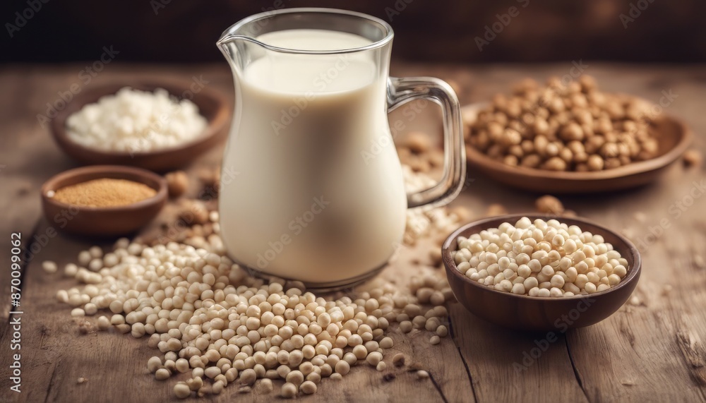 Glass of Soy milk with soybeans in bag Glass of Soy milk with soybeans in bag