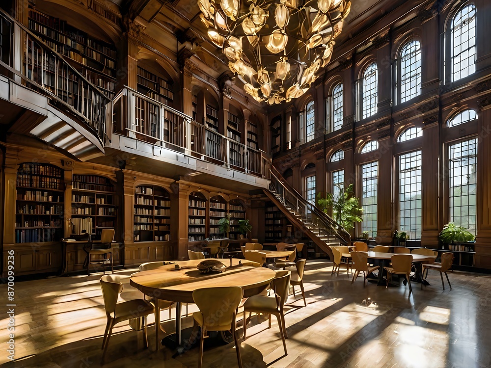 Naklejka premium A large and luxurious library with tables and chairs with a large fireplace in the center
