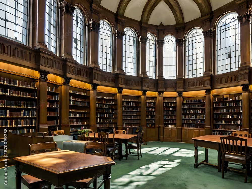 Naklejka premium A large and luxurious library with tables and chairs with a large fireplace in the center