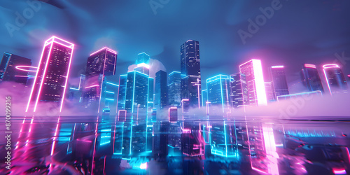 Horizonte da cidade futurista com sinais de néon holográficos