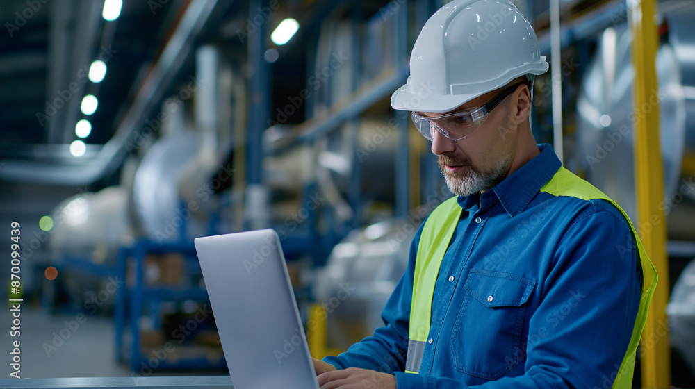 warehouse manager working on laptop, portrait of a man working on warehouse logistics warehouse manager working on laptop, portrait of a man working on warehouse logistics