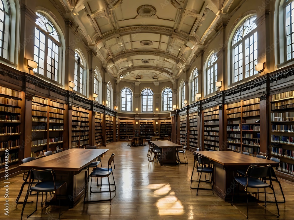 A large and luxurious library with tables and chairs with a large fireplace in the center A large and luxurious library with tables and chairs with a large fireplace in the center