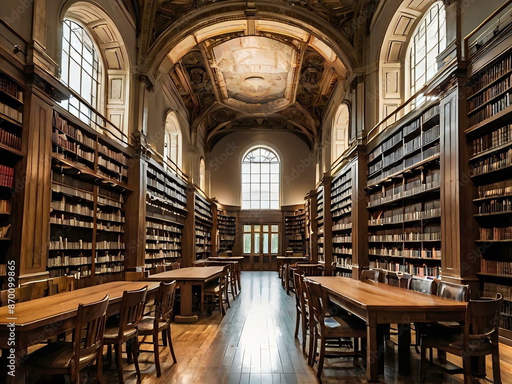 A large and luxurious library with tables and chairs with a large fireplace in the center A large and luxurious library with tables and chairs with a large fireplace in the center