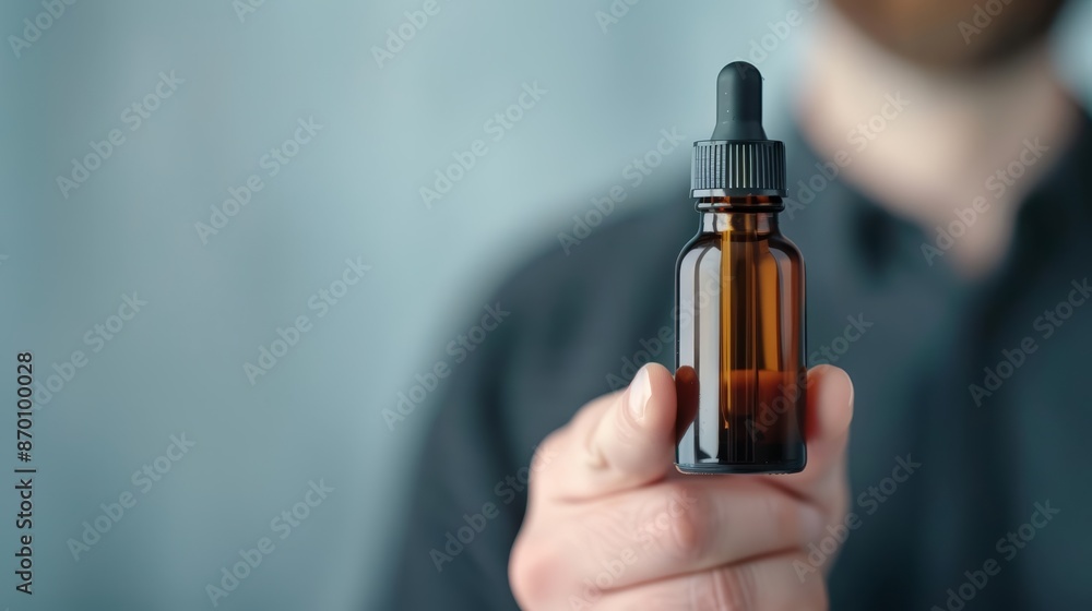 Close-up of a hand holding a brown glass dropper bottle in front of a blurred background. Ideal for health and wellness themes. Close-up of a hand holding a brown glass dropper bottle in front of a blurred background. Ideal for health and wellness themes.