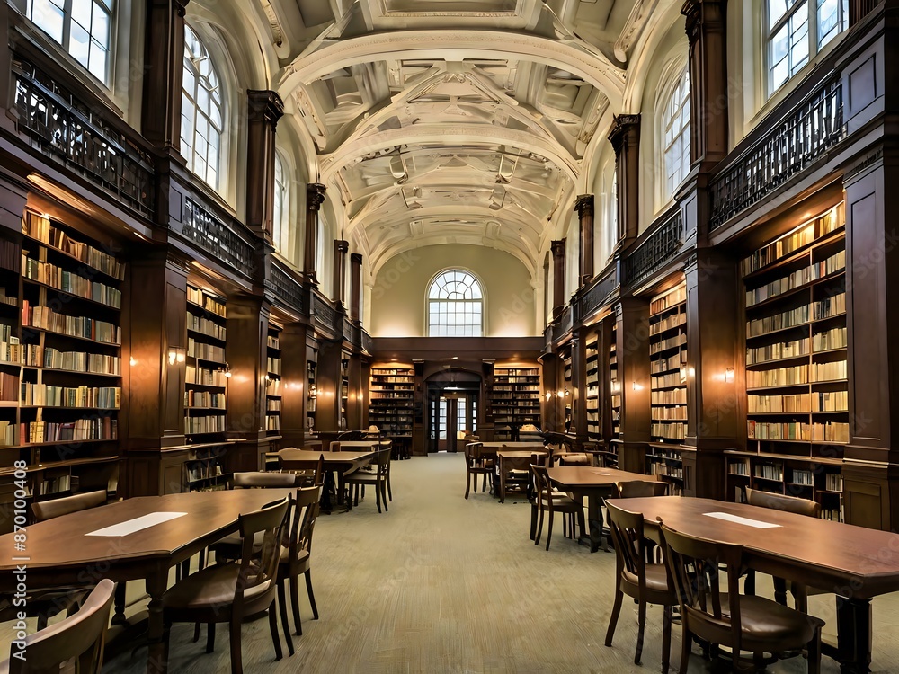 A large and luxurious library with tables and chairs with a large fireplace in the center A large and luxurious library with tables and chairs with a large fireplace in the center