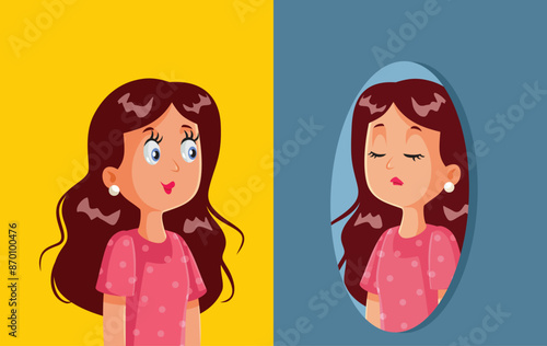 Vector Happy Woman Looks in the Mirror Seeing Herself Sad. Lady suffering mood changes during adulthood 
