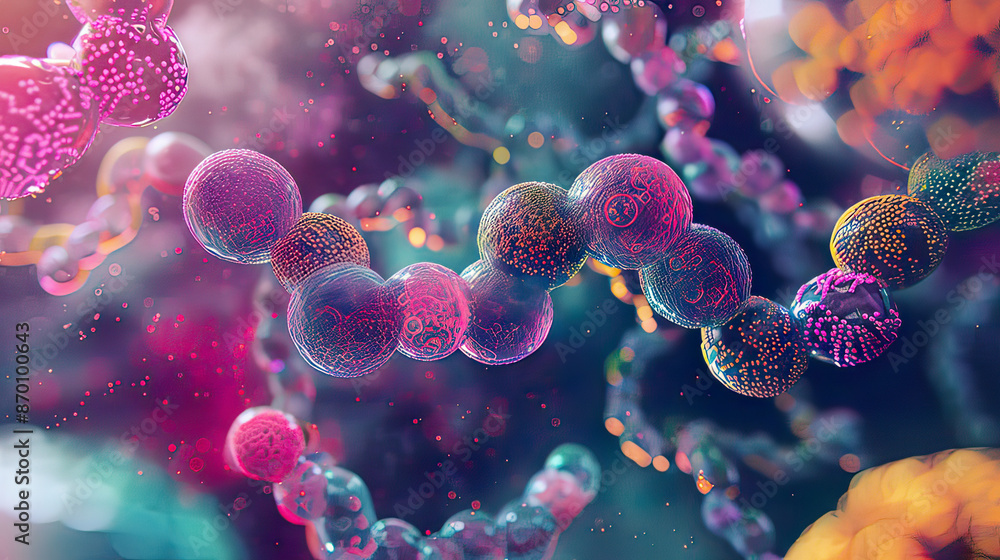Abstract 3D rendering of cells biological chain and molecules ...