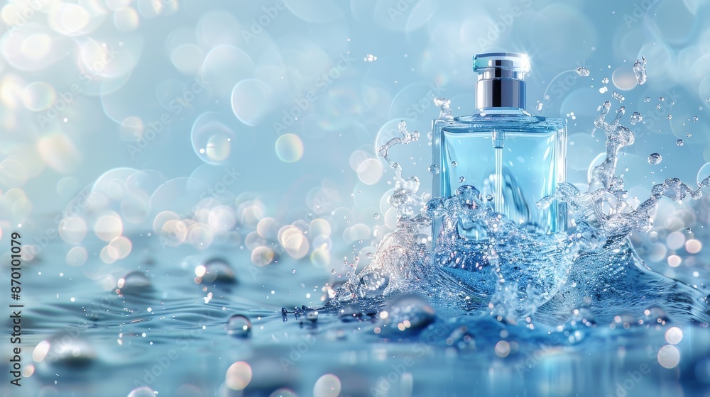 Perfume bottle on the water surface with lots of water spray around, bubbles, minimalism, design, product photography, product display, light blue gradient background, liquid, water spray, farewell Perfume bottle on the water surface with lots of water spray around, bubbles, minimalism, design, product photography, product display, light blue gradient background, liquid, water spray, farewell