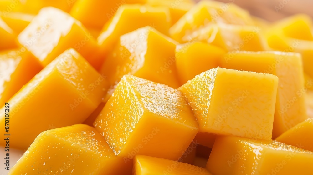 Close-up of fresh, juicy mango cubes showcasing vibrant color and delicious texture, perfect for healthy eating and tropical recipes. Close-up of fresh, juicy mango cubes showcasing vibrant color and delicious texture, perfect for healthy eating and tropical recipes.