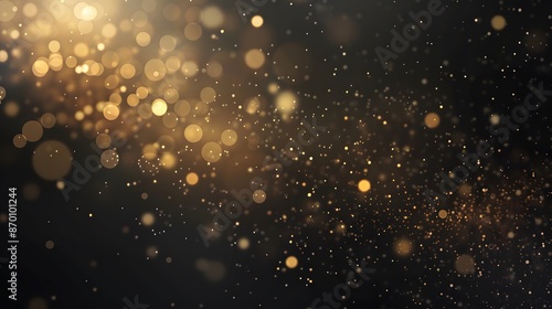 Dark brown background, digital signature with particles, sparkling waves, curtains and areas with deep depths. The particles are golden light lines.
