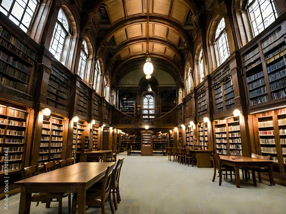 A large and luxurious library with tables and chairs with a large fireplace in the center A large and luxurious library with tables and chairs with a large fireplace in the center