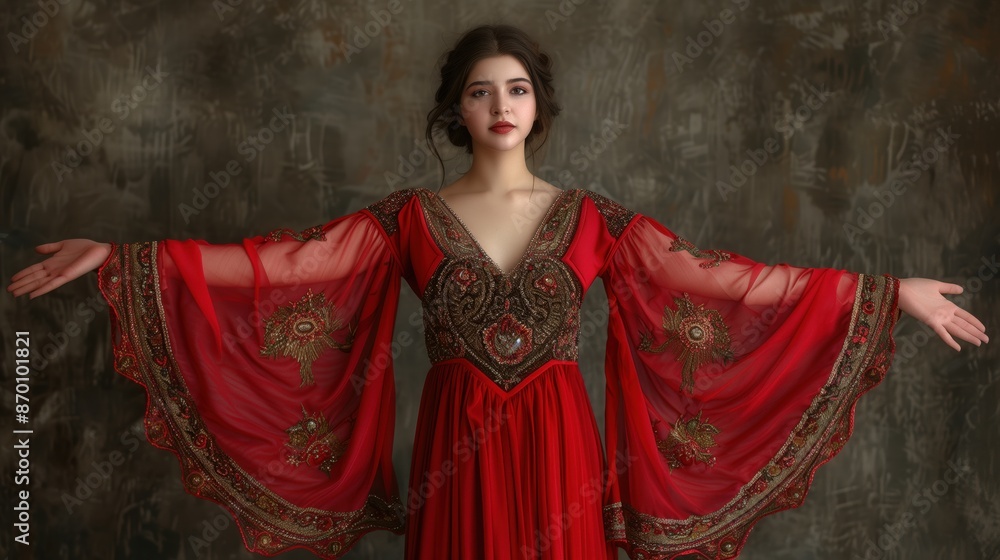 Elegant woman in a flowing red dress with intricate embroidery, standing with arms outstretched against a textured background. Elegant woman in a flowing red dress with intricate embroidery, standing with arms outstretched against a textured background.