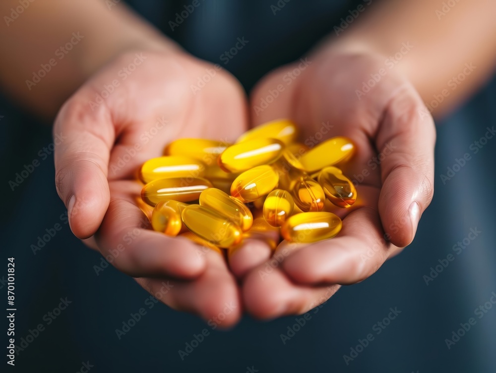 Close-up of hands holding yellow supplement capsules and pills. Concept of health, medicine, and dietary supplements. Close-up of hands holding yellow supplement capsules and pills. Concept of health, medicine, and dietary supplements.