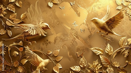 Golden Art Background: 3D Sparrow Wallpaper for Custom Designs