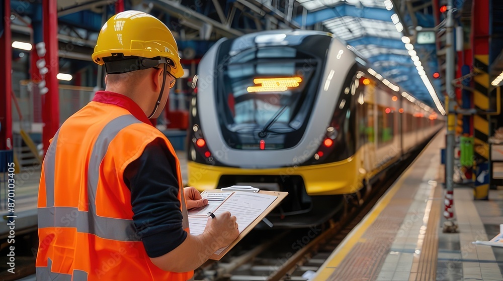 Railway engineer in safety vest and helmet inspects a modern train at a depot. Concept of transportation, engineering, maintenance, and safety. Railway engineer in safety vest and helmet inspects a modern train at a depot. Concept of transportation, engineering, maintenance, and safety.