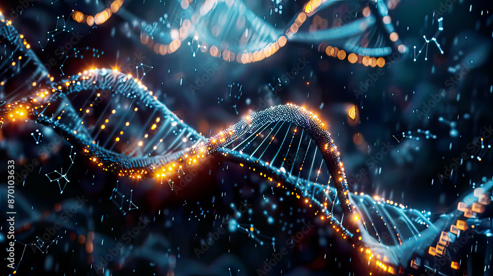Abstract DNA technology concept science and medical theme futuristic background glowing strands of DNA digital network elements cinematic lighting ultra-realistic Abstract DNA technology concept science and medical theme futuristic background glowing strands of DNA digital network elements cinematic lighting ultra-realistic
