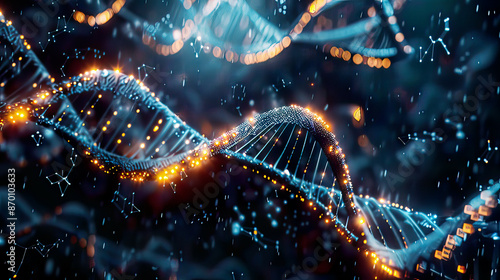 Abstract DNA technology concept science and medical theme futuristic background glowing strands of DNA digital network elements cinematic lighting ultra-realistic 