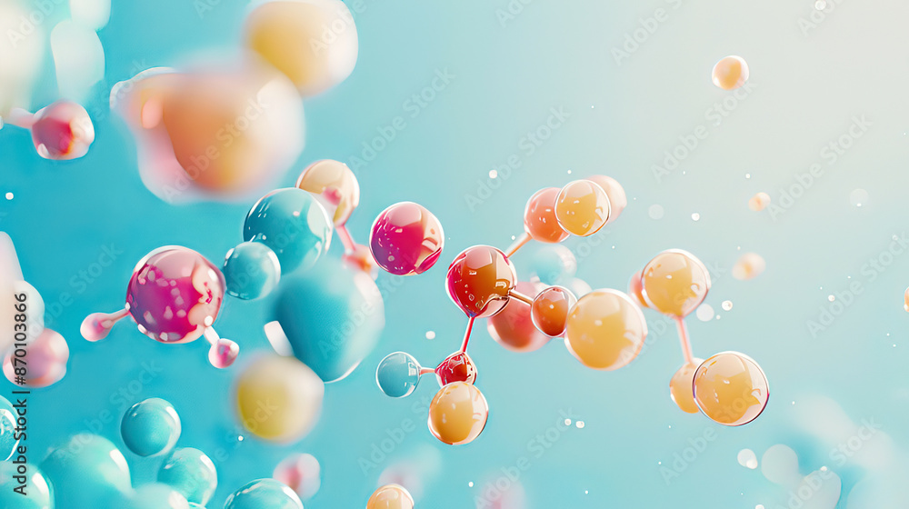 Abstract representation of molecular chemistry research featuring a detailed 3D molecule model in vibrant hues set against a serene pearl blue backdrop Abstract representation of molecular chemistry research featuring a detailed 3D molecule model in vibrant hues set against a serene pearl blue backdrop