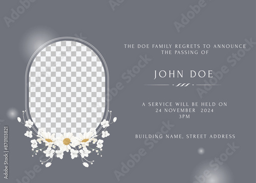 Floral funeral invitation template, minimalist white flowers and photo frame on grey background