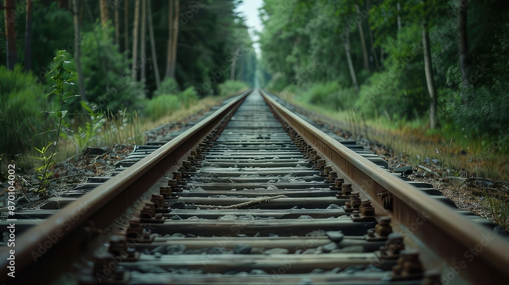 Train tracks disappearing into a lush green forest, concept of travel, journey, destination, nature. Train tracks disappearing into a lush green forest, concept of travel, journey, destination, nature.