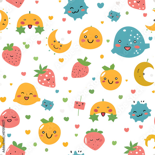 Seamless pattern cute children fruits and moon