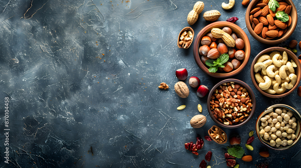 Assorted mixed nuts in bowls on a textured dark background Assorted mixed nuts in bowls on a textured dark background