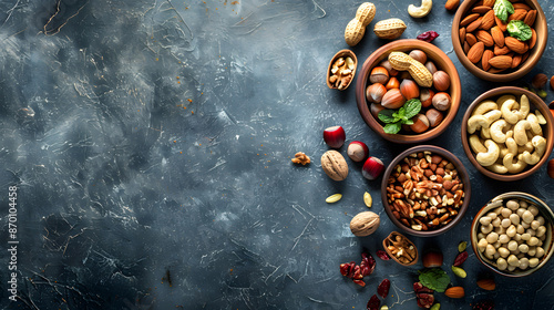 Assorted mixed nuts in bowls on a textured dark background