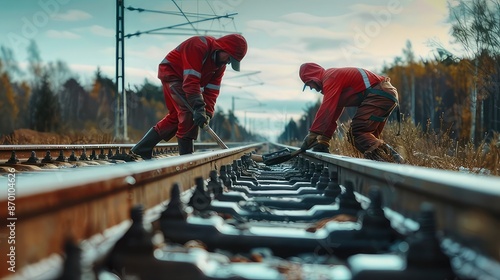 Railway workers in red uniforms performing maintenance on railroad tracks, ensuring safe transportation and infrastructure.