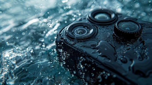 The curved edges of an action cameras waterproof casing are showcased in closeup emphasizing its ability to be submerged in water and still function flawlessly. photo