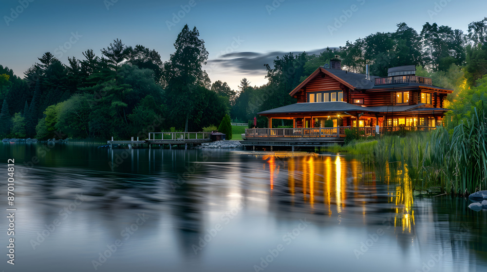 Obraz premium Scenic lakeside cabin at dusk with warm glowing lights.