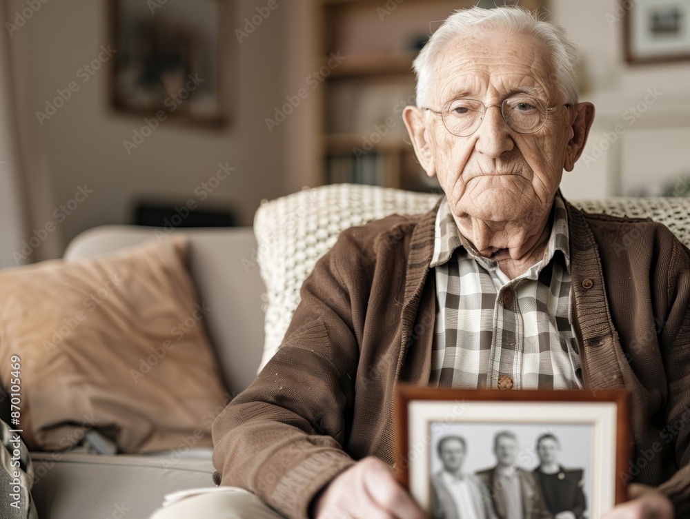 Elderly man sitting on a sofa holding a framed family photo, reflecting on past memories in a cozy living room. Elderly man sitting on a sofa holding a framed family photo, reflecting on past memories in a cozy living room.