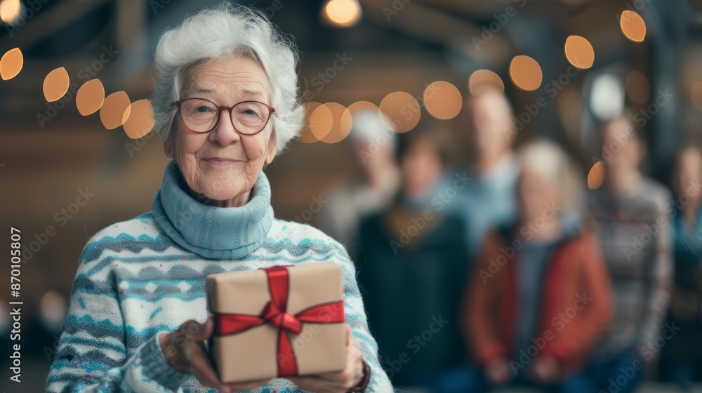 Fototapeta premium Elderly woman with glasses and a warm smile holding a gift, surrounded by friends with festive lights in the background.