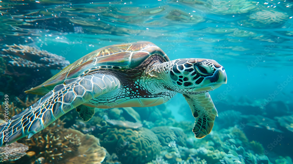 Fototapeta premium Majestic green sea turtle gliding effortlessly through the vibrant coral reef showcasing the beauty and diversity of the tropical underwater ecosystem