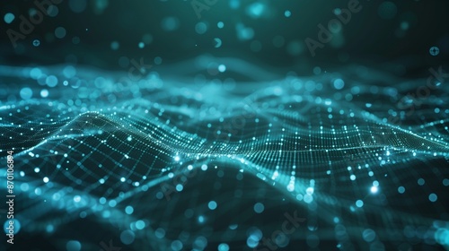 An abstract representation of a digital matrix with glowing lines and dots, forming a high-tech background.