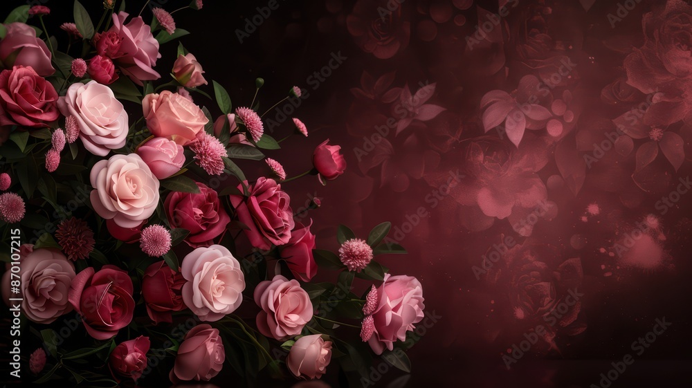 Elegant Bouquet of Pink and Red Roses with Dark Floral Background for Romantic and Elegant Themes Elegant Bouquet of Pink and Red Roses with Dark Floral Background for Romantic and Elegant Themes