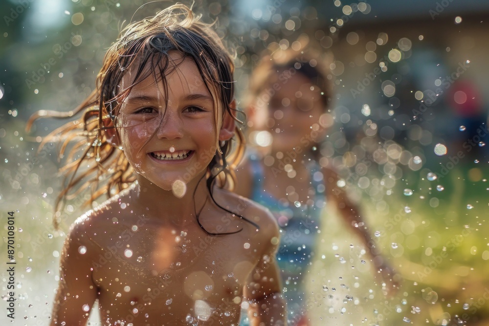 Close-up of kids running through a sprinkler on the front lawn at home Water droplets glisten in the sunlight as the children laugh and play in the refreshing spray The green grass and the cozy home Close-up of kids running through a sprinkler on the front lawn at home Water droplets glisten in the sunlight as the children laugh and play in the refreshing spray The green grass and the cozy home