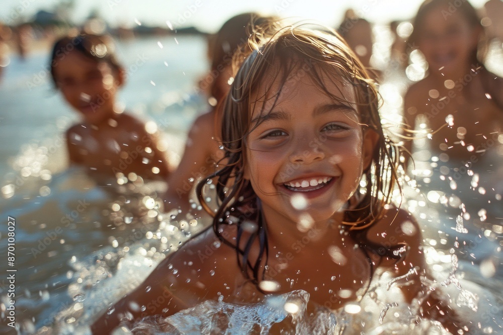 Obraz premium Close-up of children playing and splashing in the water at the beach Their laughter and excitement are captured as the water sparkles in the sunlight The natural beauty of the ocean and the carefree