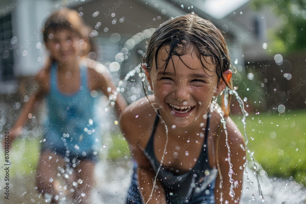 Obraz premium Close-up of kids running through a sprinkler on the front lawn at home The water droplets create a sparkling effect around the children as they laugh and play The lush green grass and the cozy home
