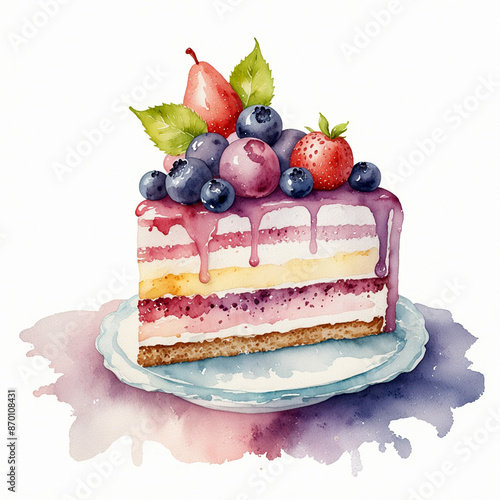 Watercolor Cake dessert ,  Isolated on white background