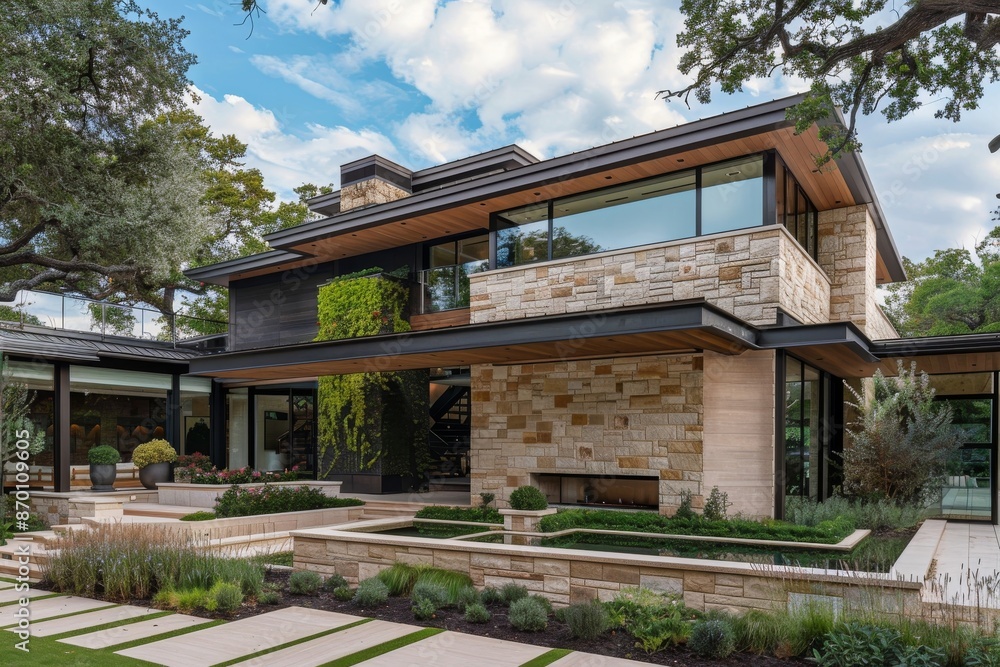 Modern Stone House with Lush Landscaping Modern Stone House with Lush Landscaping