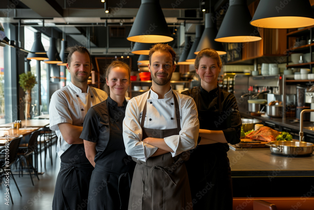 Fototapeta premium Netherlands professional service staff, salesperson and cook in modern restaurant.