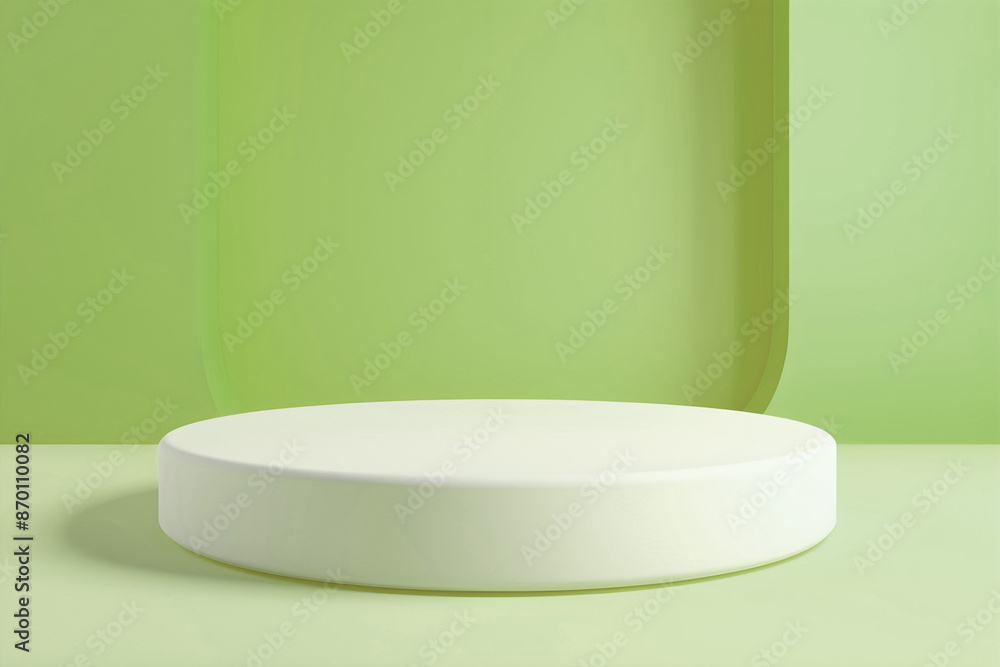 Empty white round podium on pastel green background with copy space for branding and packaging presentation Empty white round podium on pastel green background with copy space for branding and packaging presentation